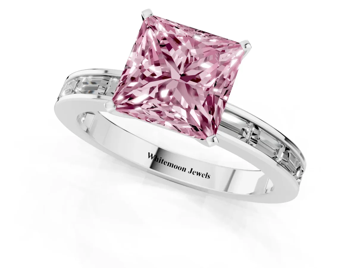 Fancy Pink Princess Cut Solitaire Diamond Ring with Channel-Set Baguette Band and Four-Prong Setting Silver