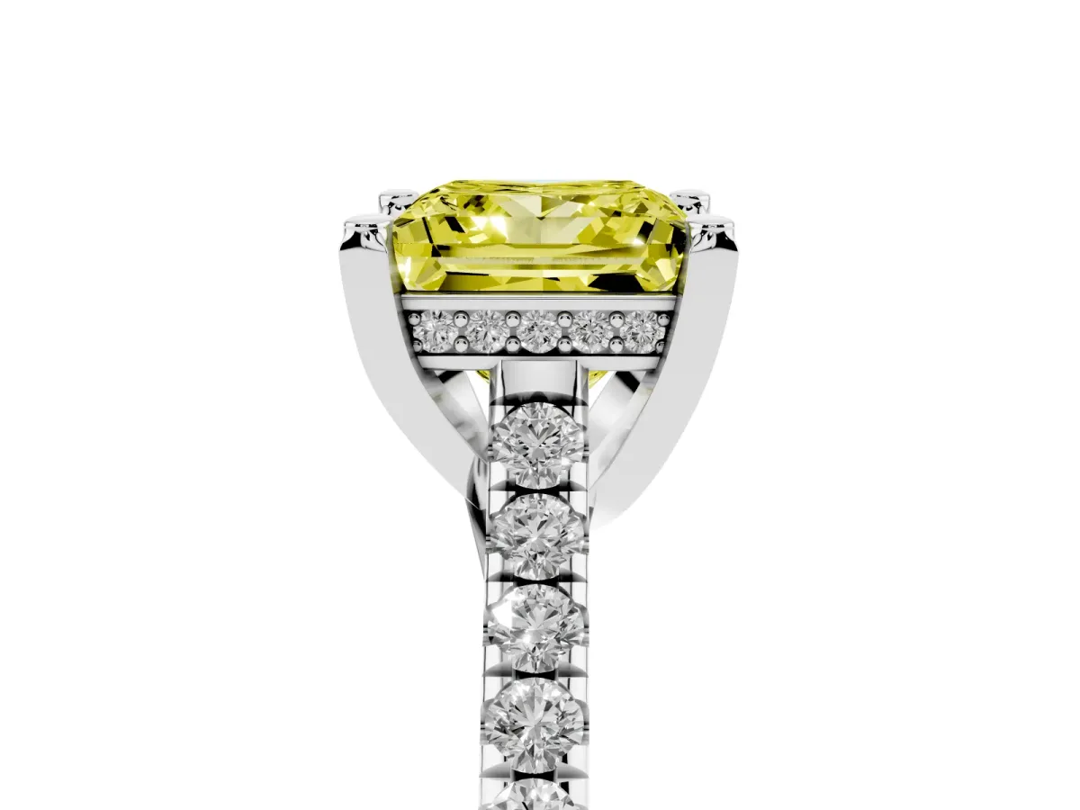 Fancy Yellow Princess Cut Brilliant Diamond Solitaire with Pavé Band and Four-Prong Setting Platinum