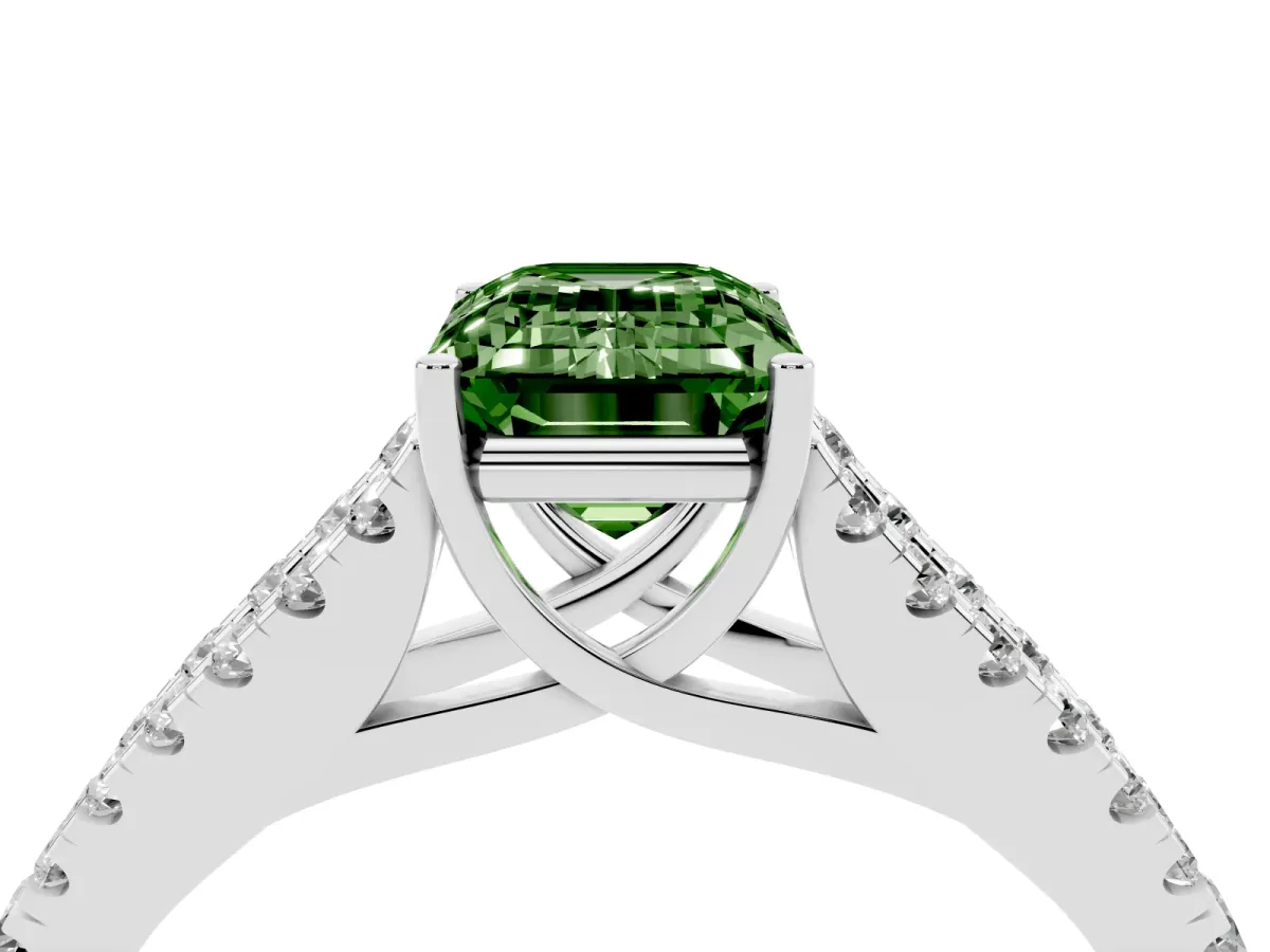 Fancy Green Emerald Cut Diamond Split Shank Pavé Engagement Ring with Four-Prong Setting White gold