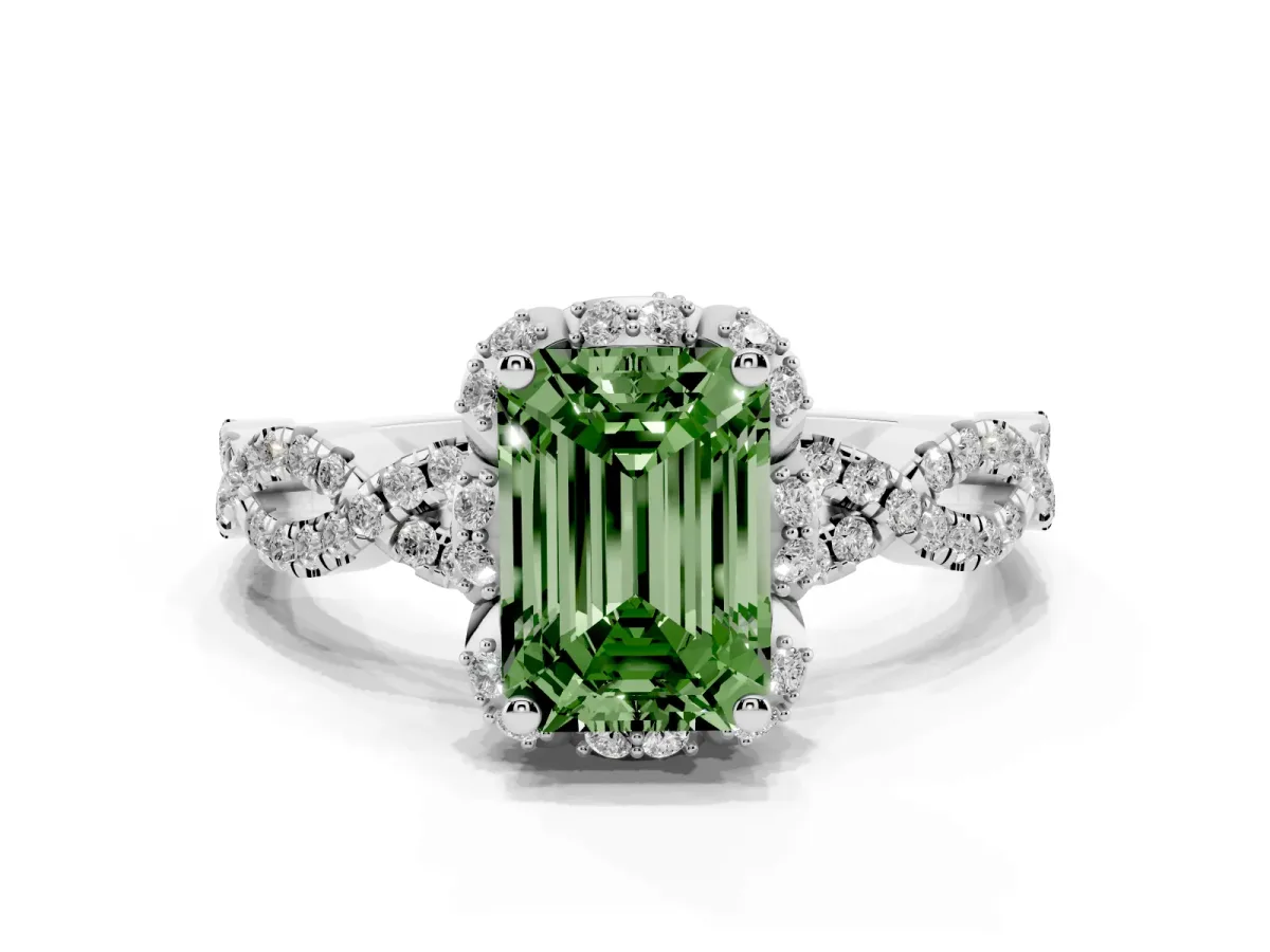 Fancy Green Emerald Cut Halo Twist Band Solitaire Ring with Six-Prong Setting Silver