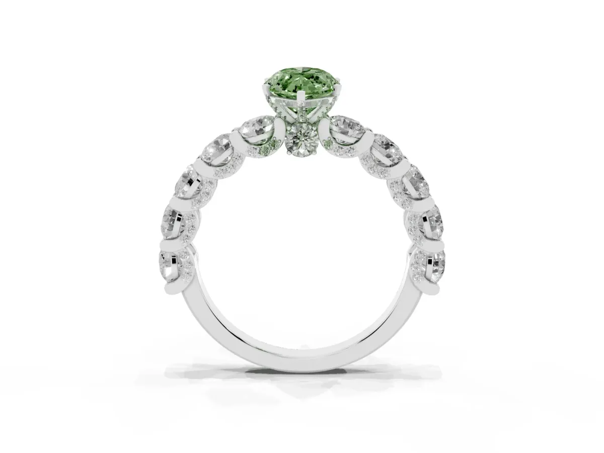 Fancy Green Marquise Cut Diamond Side Stone Engagement Ring with Four-Prong Setting White gold