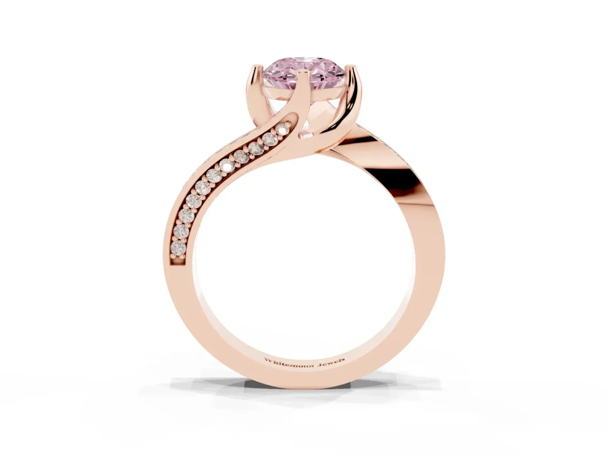 Fancy Pink Oval Cut Solitaire Diamond Twist Band with Pavé Setting and Four-Prong Setting Rose gold