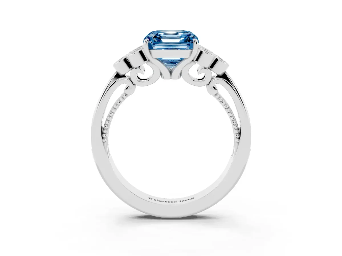 Fancy Blue Asscher Cut Cut Diamond Engagement Ring with Bezel Set Round Side Stones and Prong Setting Platinum