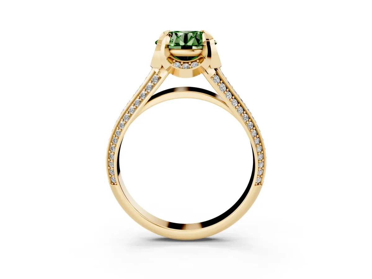 Fancy Green Round Cut Solitaire Pave Split Shank Ring with Four-Prong Setting Yellow gold