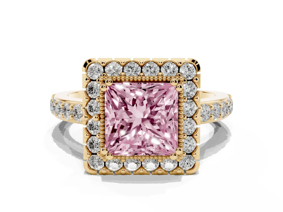 Fancy Pink Princess Cut Diamond Halo Ring with Pavé Band and Prong Setting Yellow gold