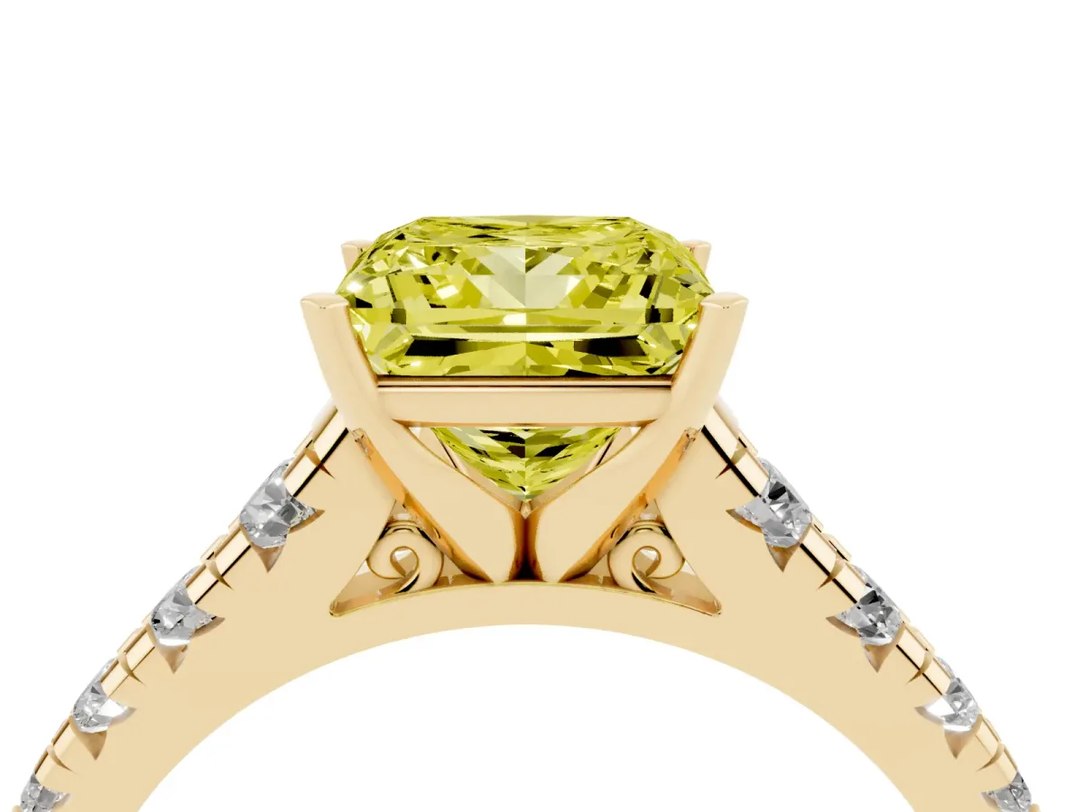 Fancy Yellow Princess Cut Diamond Cathedral Solitaire Ring with Round Pavé Band Yellow gold