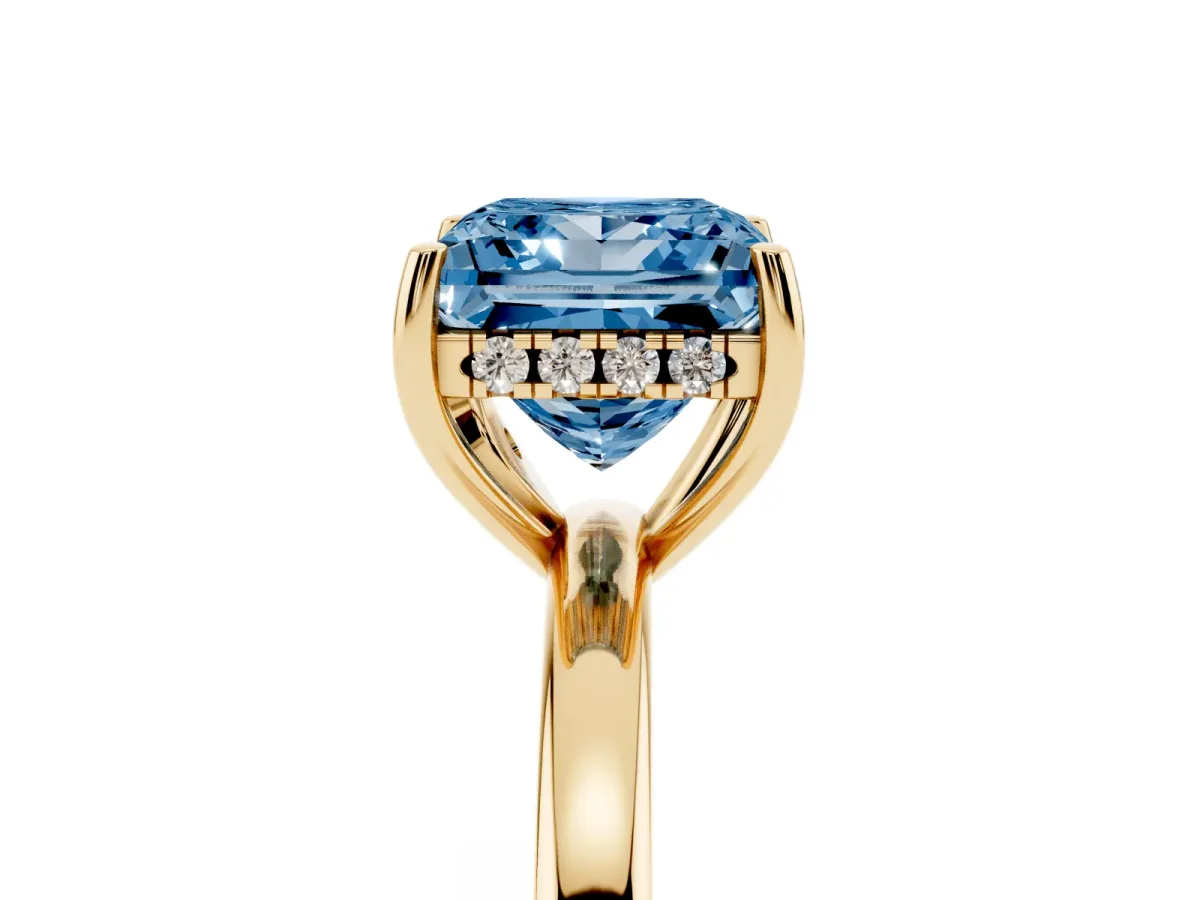 Fancy Blue Princess Cut Solitaire Diamond Ring with Prong Setting and Plain Band Yellow gold