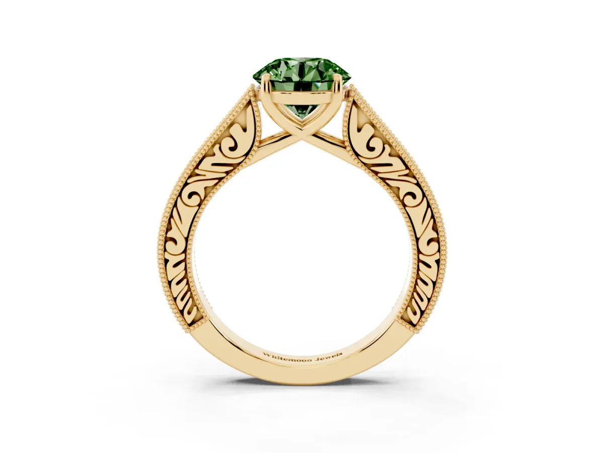 Fancy Green Round Cut Cut Pave Band Milgrain Solitaire Ring Yellow gold