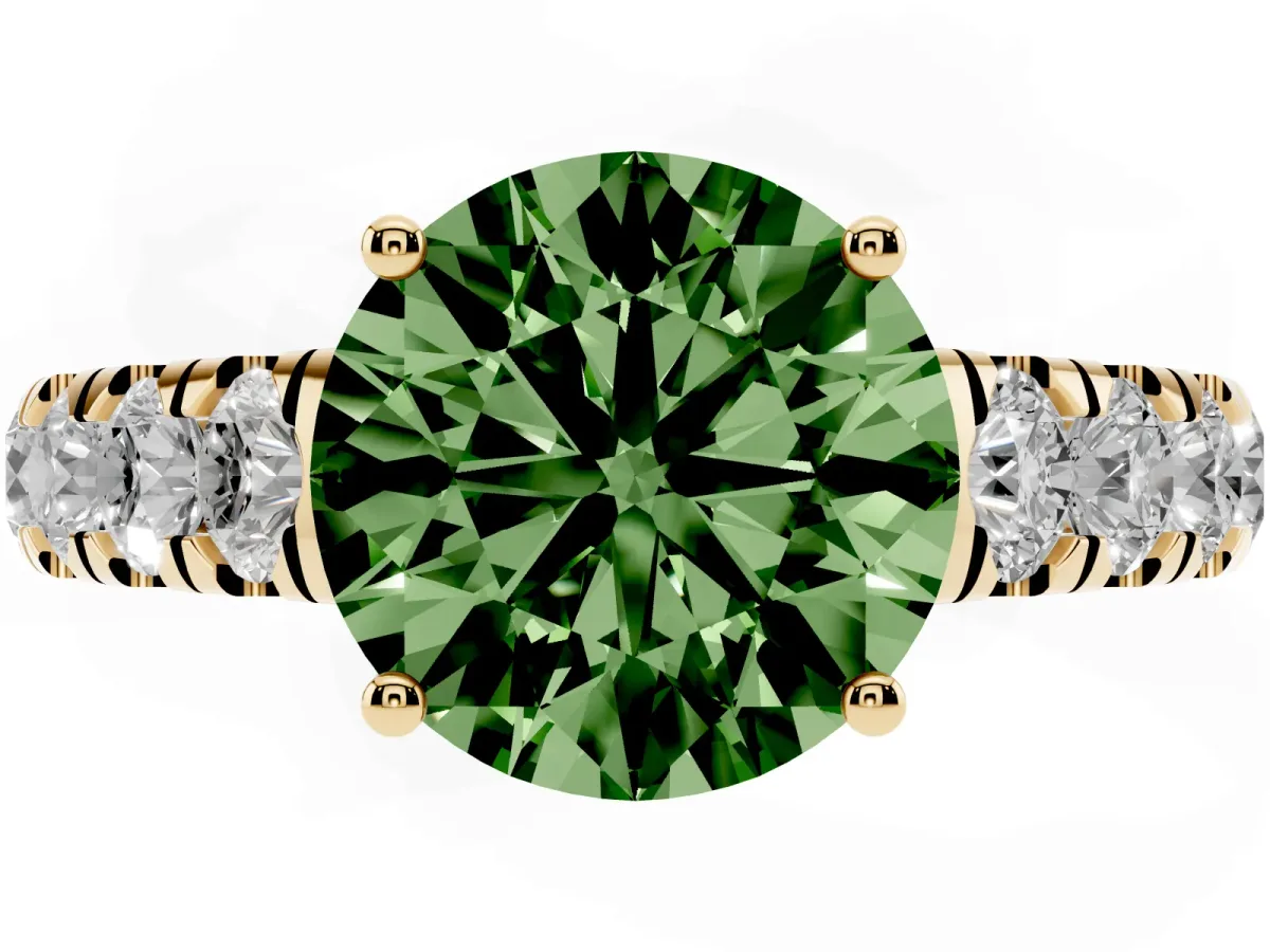 Fancy Green Round Cut Cut Diamond Solitaire Ring with Micro Pave Band and Prong Setting Yellow gold
