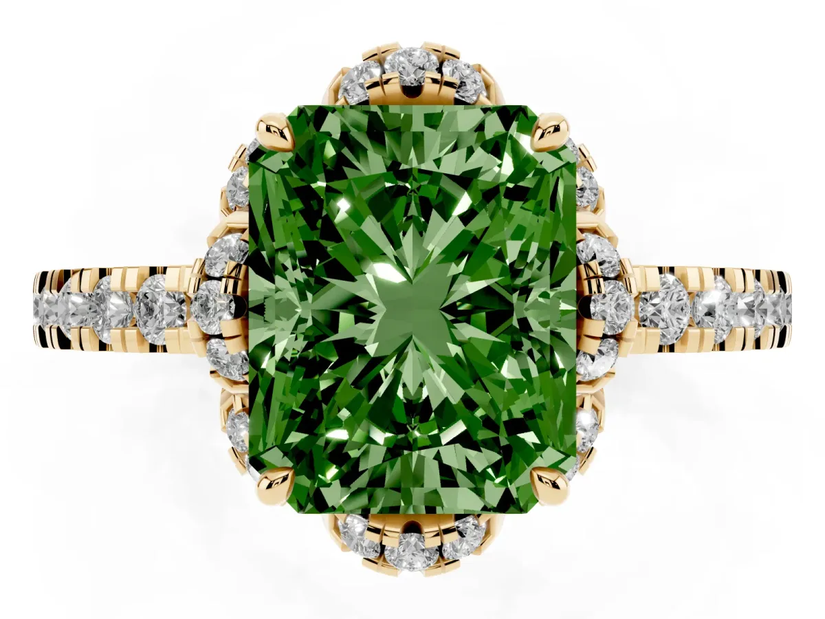 Fancy Green Radiant Cut Halo Diamond Pave Band Ring with Four-Prong Setting Yellow gold