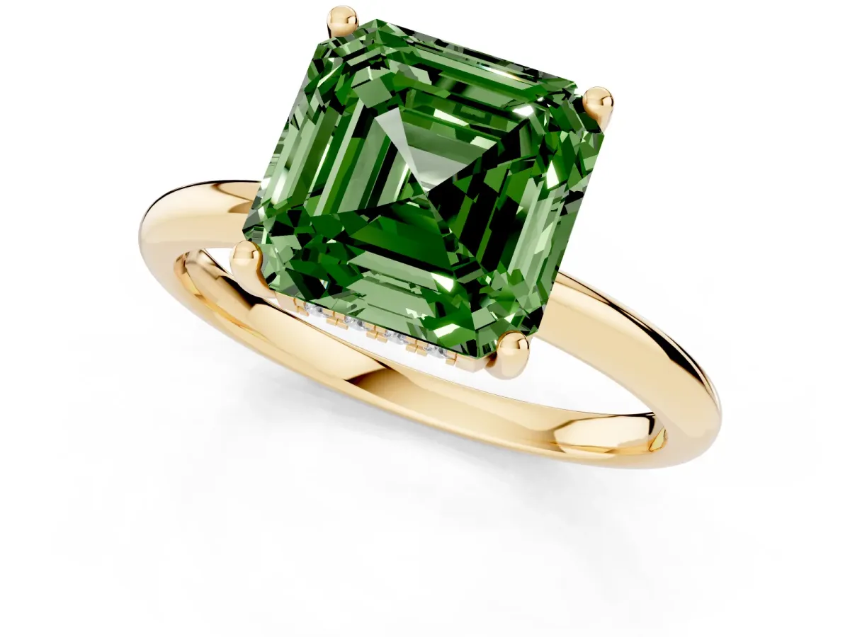 Fancy Green Asscher Cut Cut Solitaire Engagement Ring with Four-Prong Setting and Classic Band Yellow gold