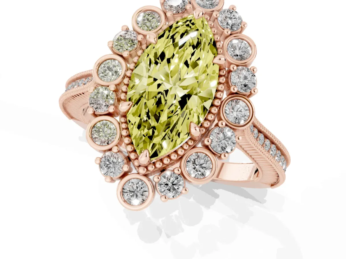 Fancy Yellow Marquise Cut Halo Milgrain Pave Diamond Ring with Four-Prong Setting Rose gold