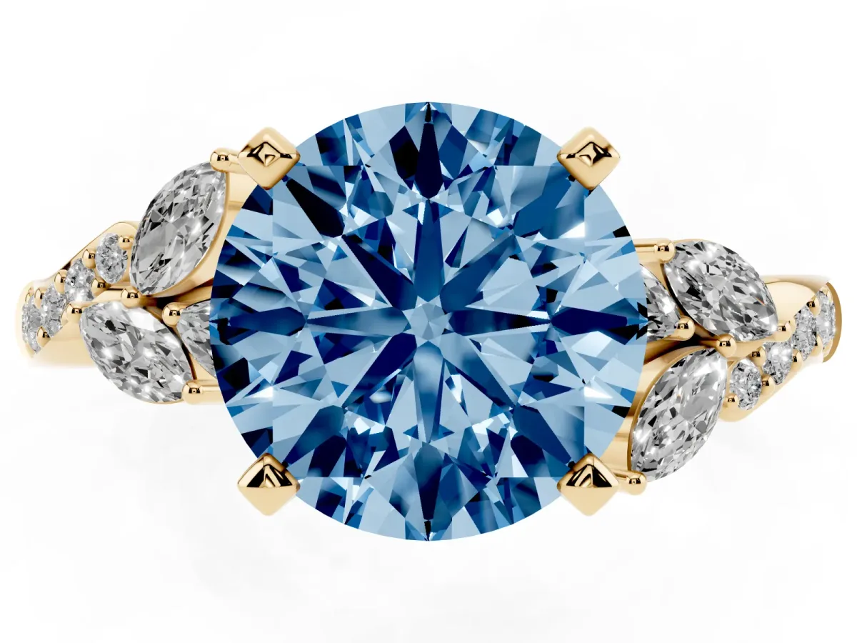 Fancy Blue Round Cut Solitaire Marquise Twist Band with Six-Prong Setting Yellow gold