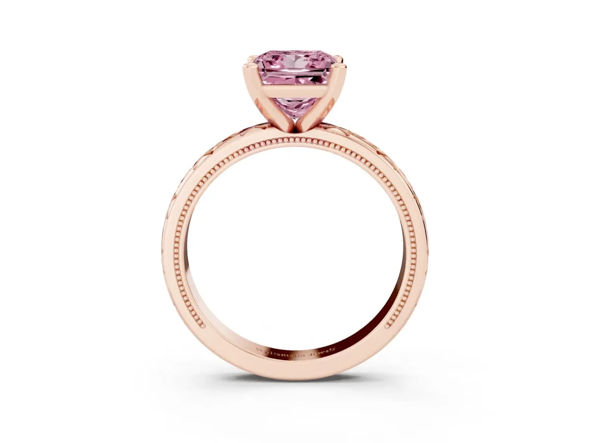 Fancy Pink Princess Cut Solitaire Engagement Ring with Scrollwork Band and Four-Prong Setting Rose gold