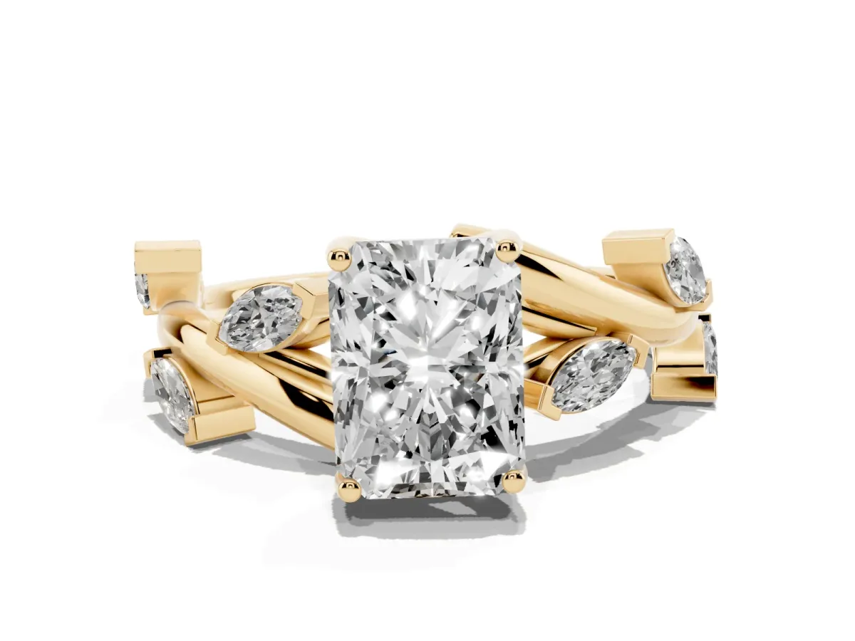 Radiant Cut Solitaire Twisted Band Marquise Accent Prong Setting Ring Yellow gold