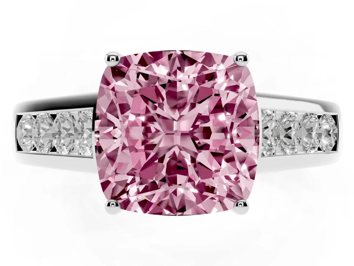 Fancy Pink Cushion Cut Brilliant Channel-Set Solitaire Ring with Four-Prong Setting Silver