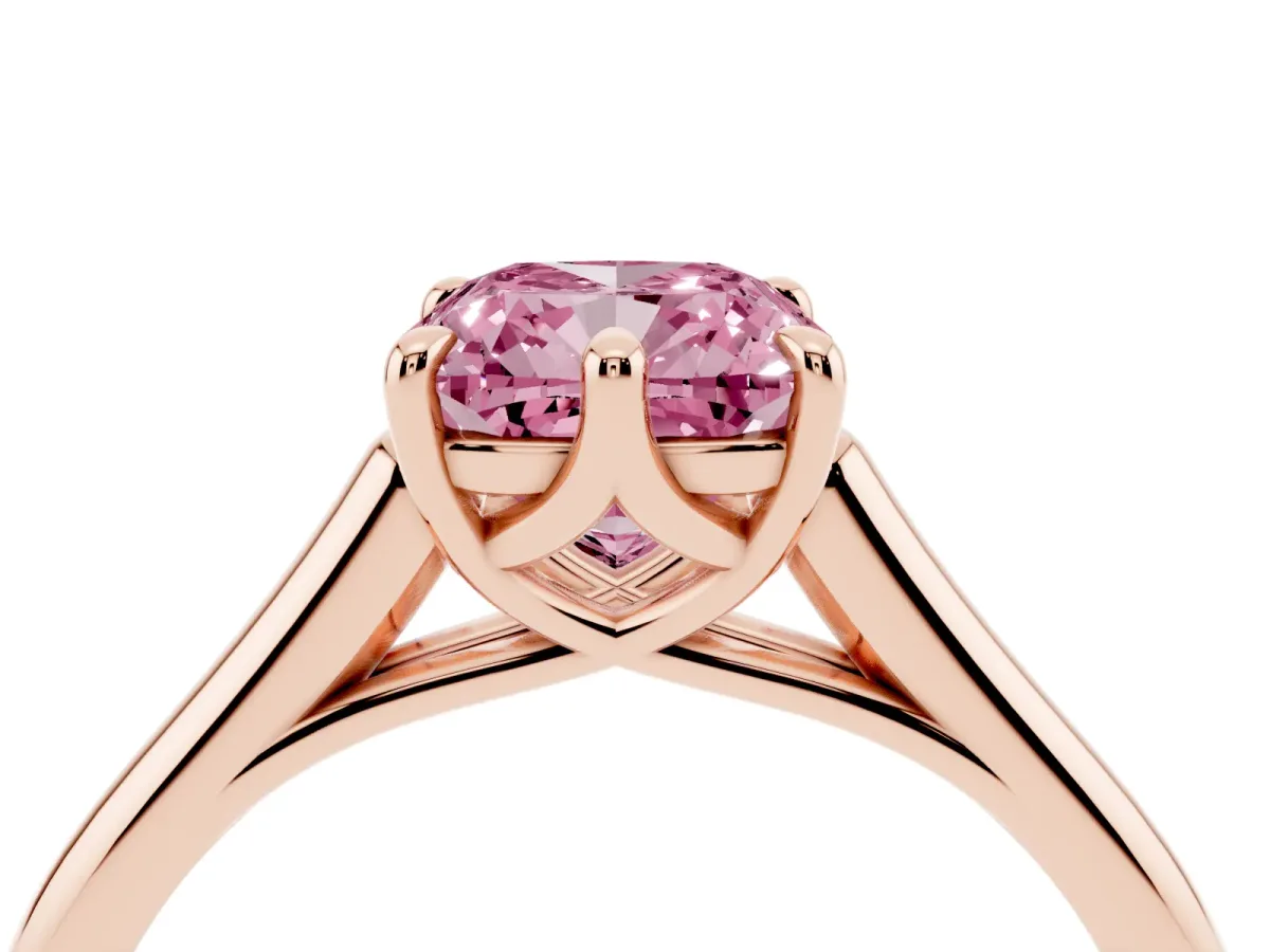 Fancy Pink Cushion Cut Solitaire Engagement Ring with Six-Prong Setting and Classic Band Rose gold