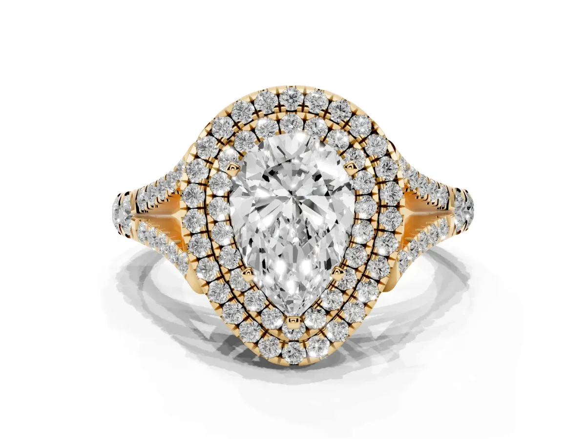 Pear Cut Diamond Double Halo Ring with Split Shank and Prong Setting Yellow gold