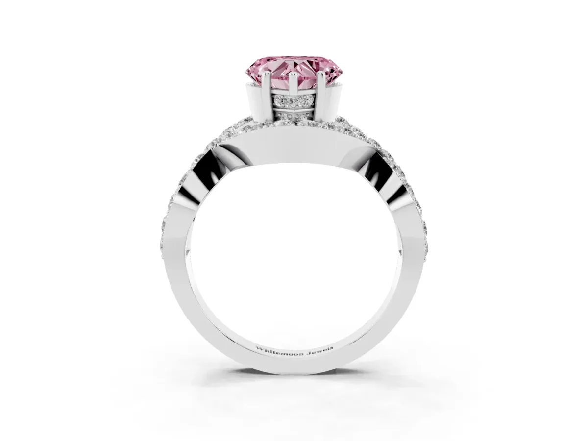 Fancy Pink Heart Cut Solitaire Twist Band Pavé Diamond Engagement Ring Silver