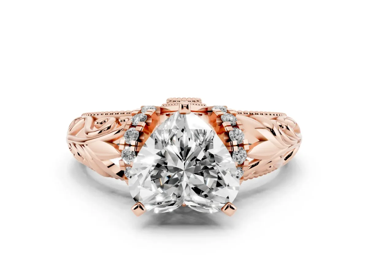 Heart Cut Solitaire Filigree Engagement Ring with Halo and Prong Setting Rose gold