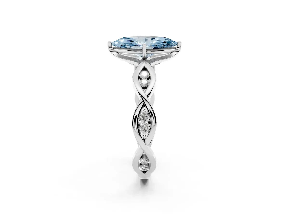 Fancy Blue Marquise Cut Solitaire Twist Band with Leaf Prong Setting Silver