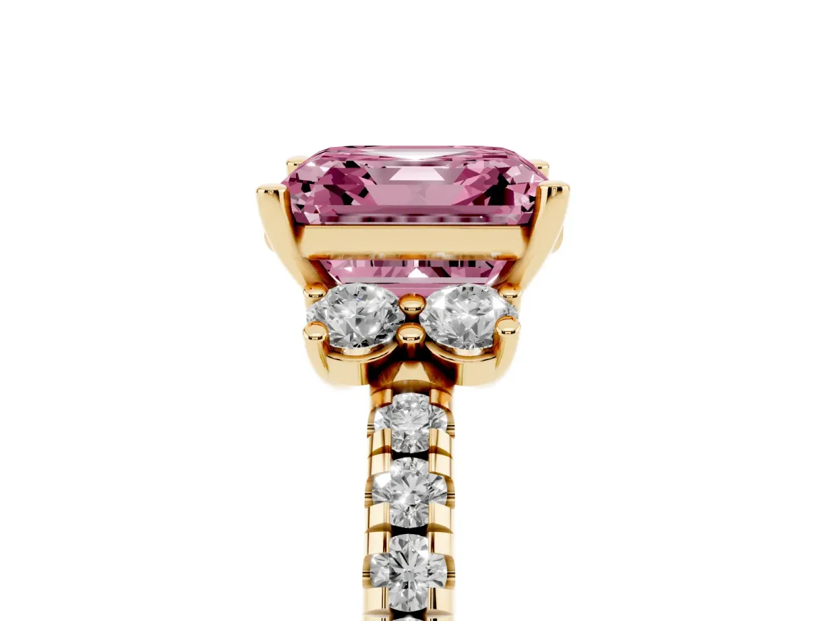 Fancy Pink Asscher Cut Diamond Three-Stone Pave Band with Four-Prong Setting Yellow gold