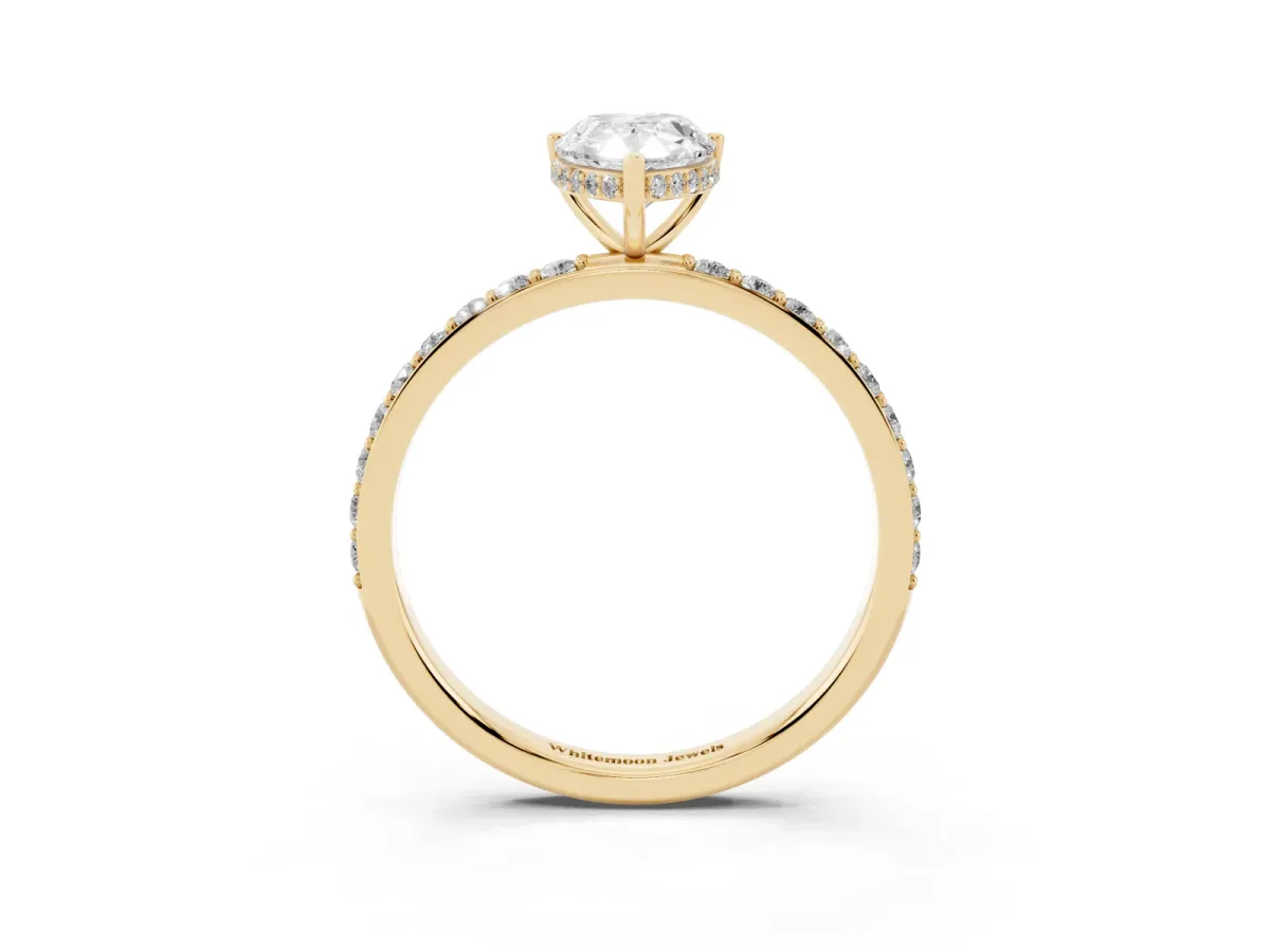 Pear Cut Diamond Solitaire Ring with Pavé Band and Hidden Halo Yellow gold