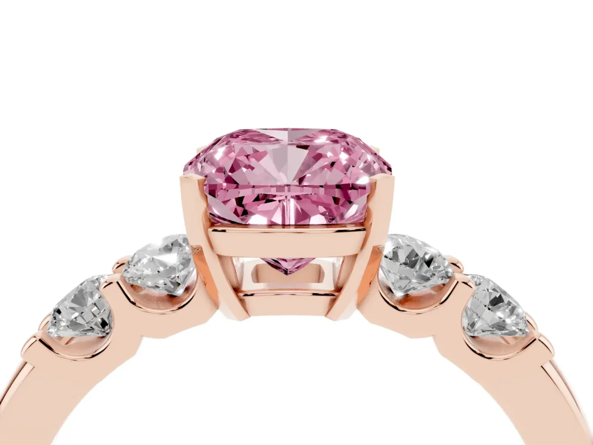 Fancy Pink Cushion Cut Brilliant Cut Diamond Five-Stone Prong Set Engagement Ring with Channel Band Rose gold