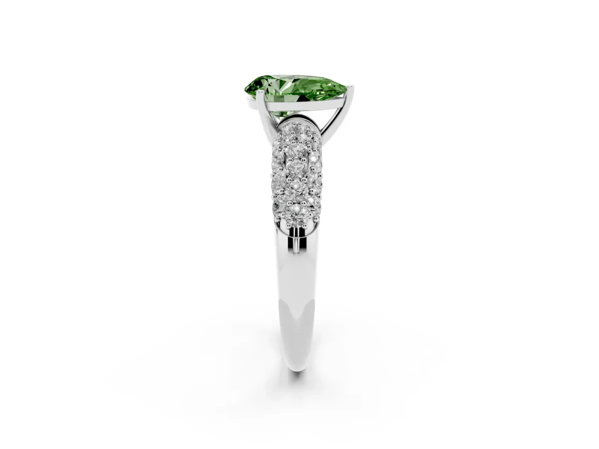 Fancy Green Pear Cut Diamond Pavé Band Solitaire Ring with Four-Prong Setting White gold