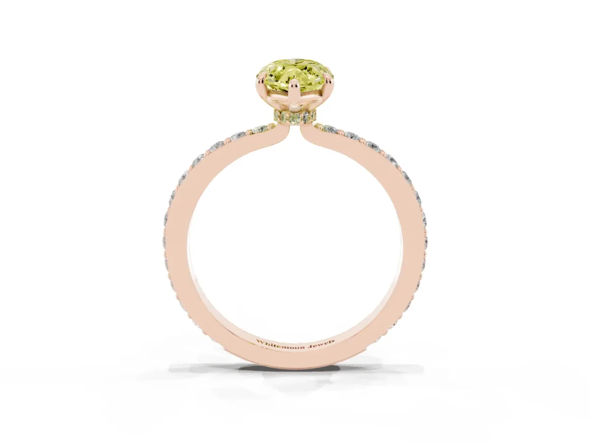 Fancy Yellow Marquise Cut Diamond Pavé Engagement Ring with Round Accents and Prong Setting Rose gold