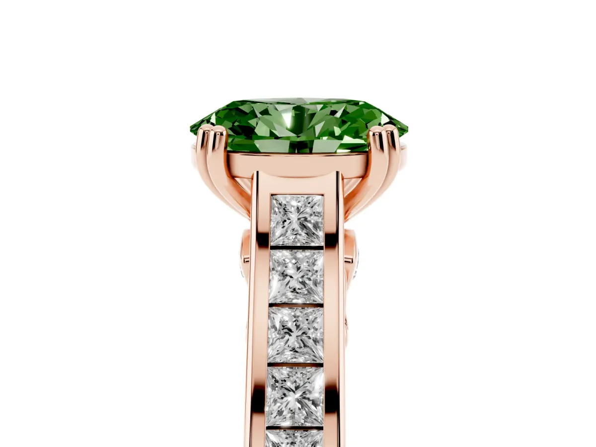 Fancy Green Oval Cut Cut Channel Set Solitaire Engagement Ring with Prong Setting Rose gold