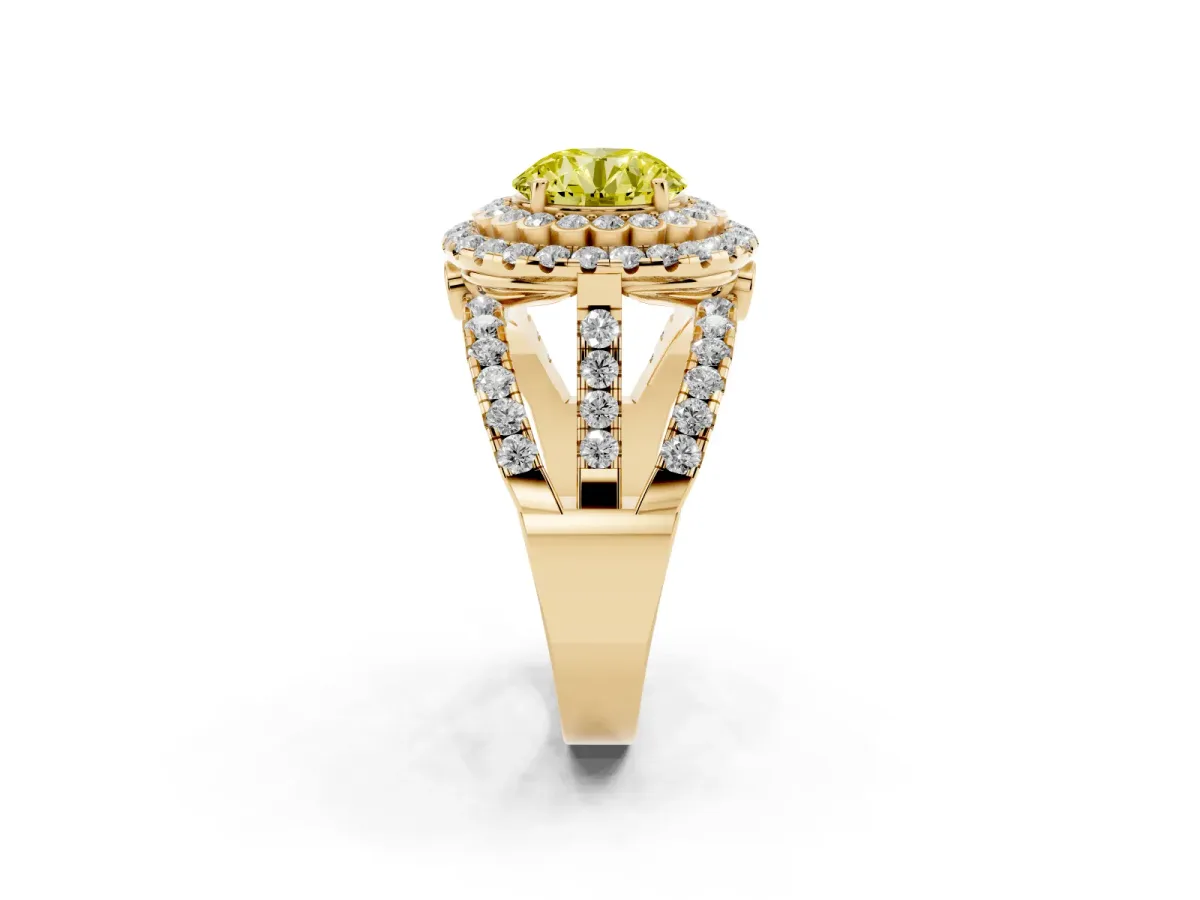 Fancy Yellow Round Cut Diamond Double Halo Ring with Round Pavé Split Shank and Prong Setting Yellow gold