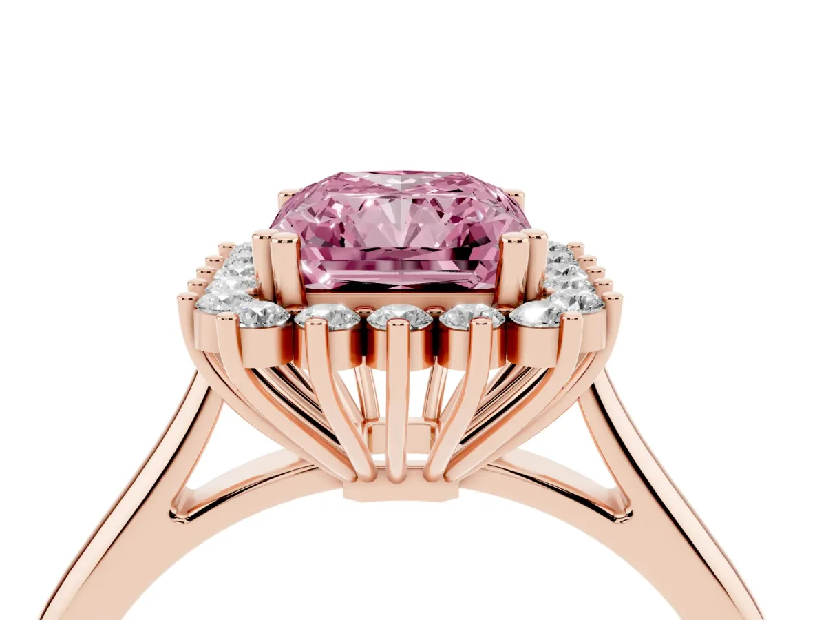 Fancy Pink Radiant Cut Cut Diamond Halo Ring with Solitaire Band and Prong Setting Rose gold