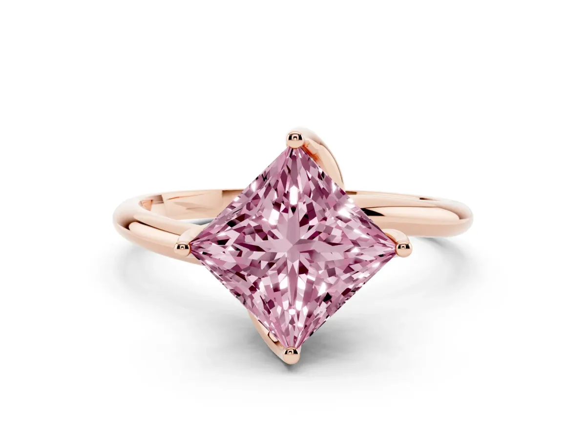 Fancy Pink Princess Cut Diamond Solitaire Engagement Ring with Four-Prong Setting and Classic Band Rose gold