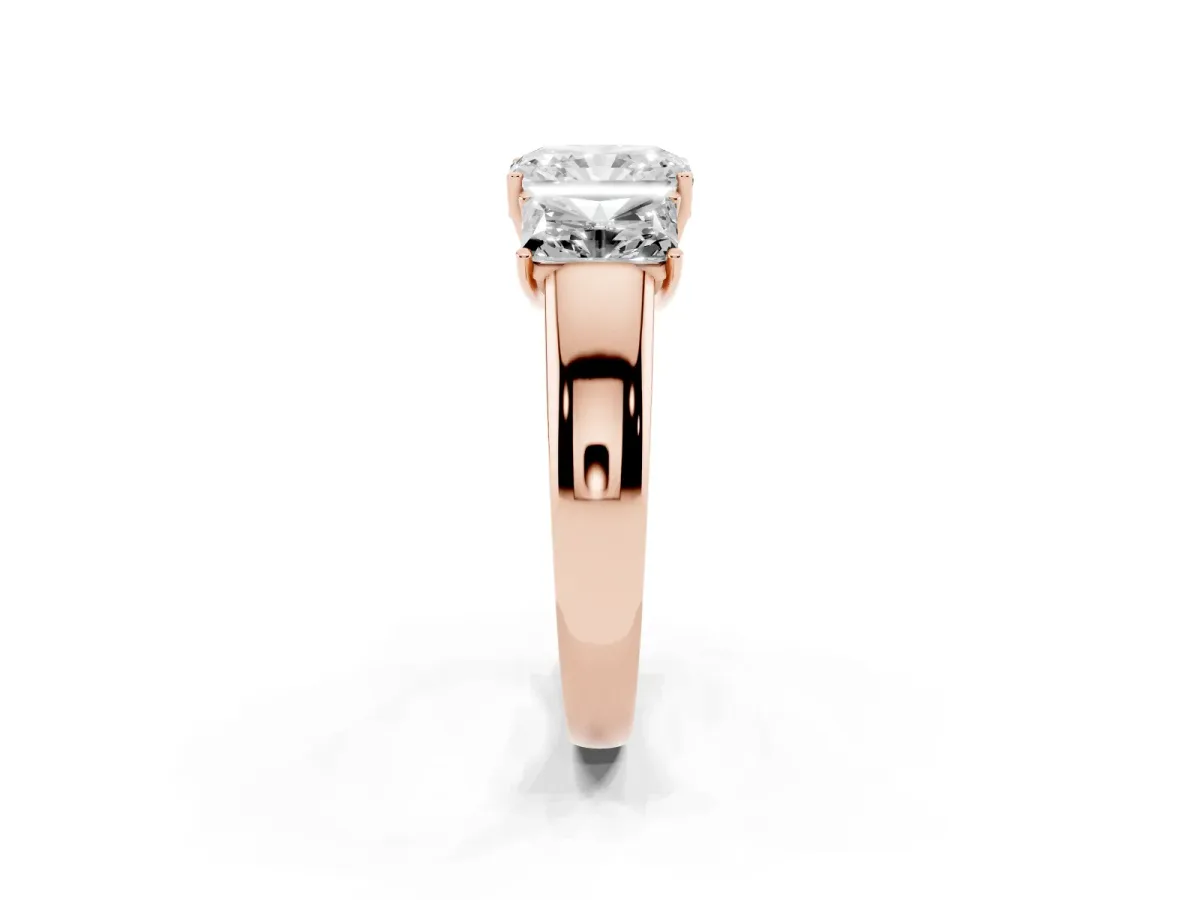 Three-Stone Radiant Cut Cut Diamond Ring with Prong Setting and Classic Band Rose gold