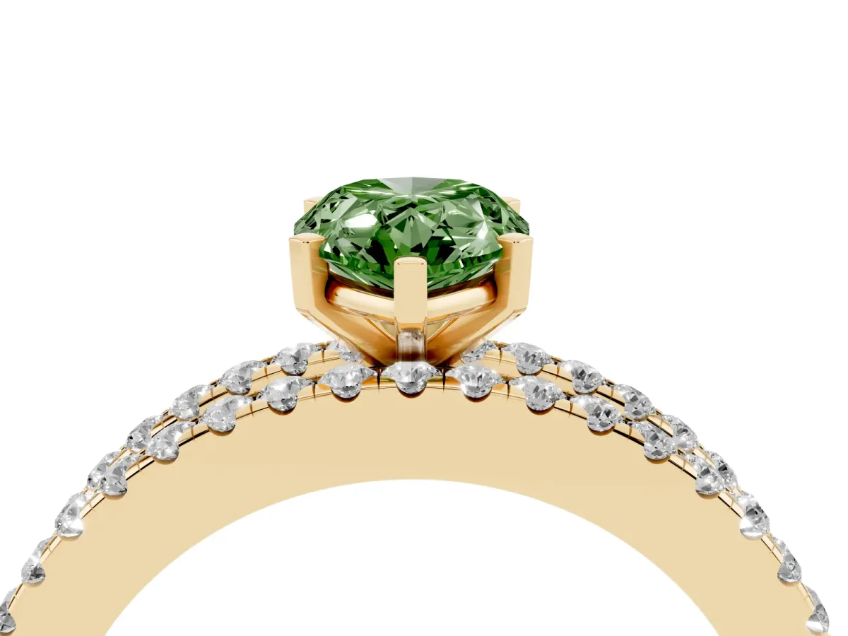 Fancy Green Pear Cut Diamond Solitaire Ring with Pavé and Channel Set Band Yellow gold
