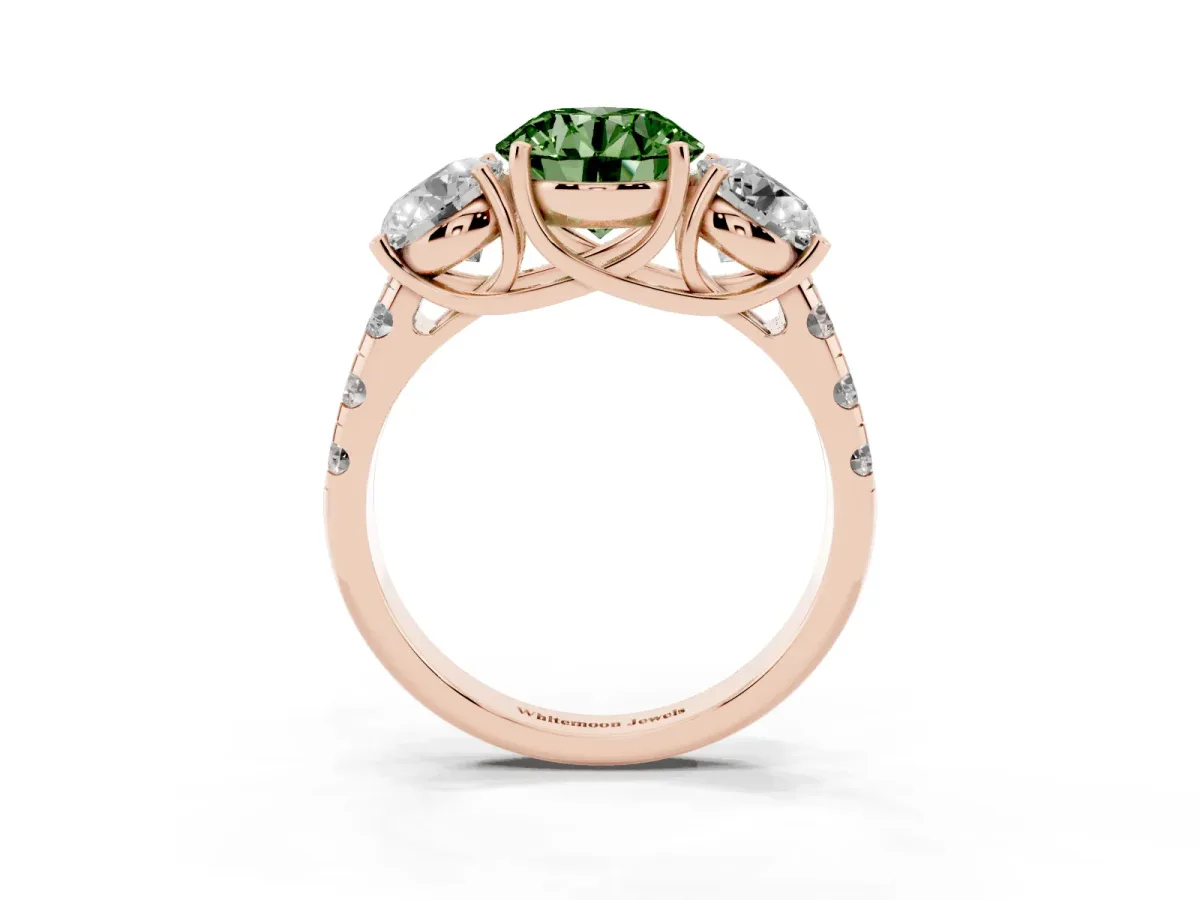 Fancy Green Three-Stone Round Cut Diamond Pavé Band with Prong Setting Rose gold