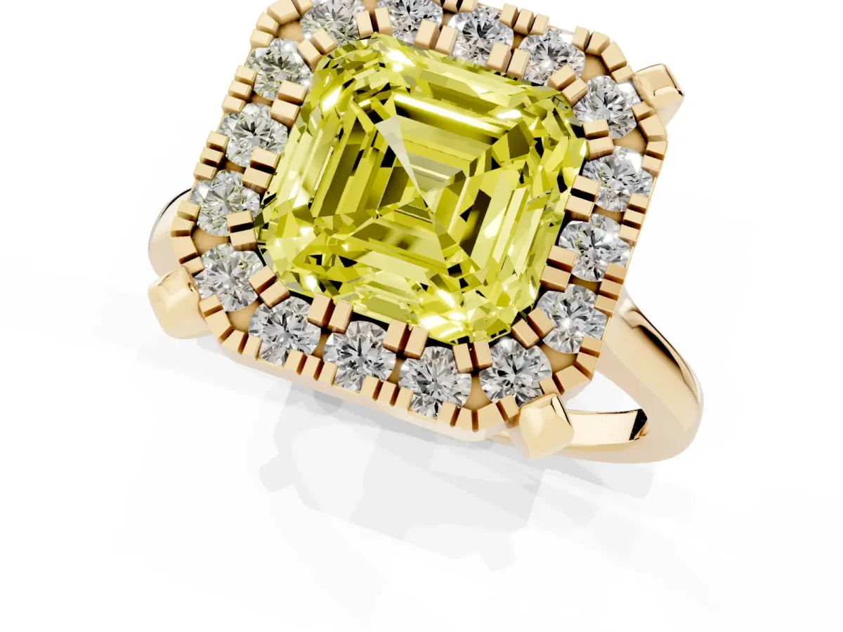 Fancy Yellow Asscher Cut Diamond Cluster Halo Solitaire with Four-Prong Setting Yellow gold