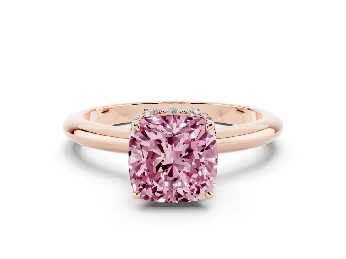 Fancy Pink Cushion Cut Brilliant Solitaire Engagement Ring with Six-Prong Setting and Classic Band Rose gold