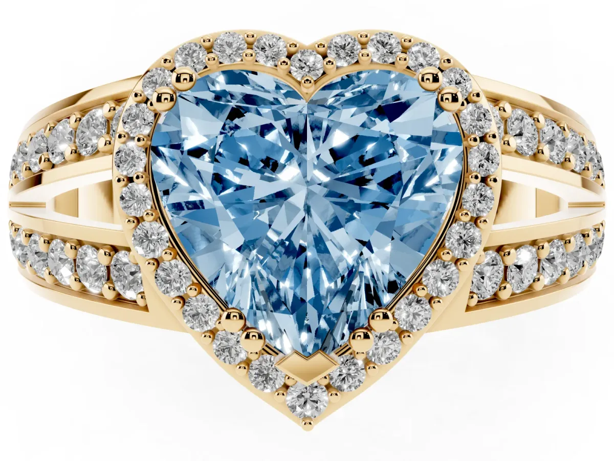 Fancy Blue Heart Cut Diamond Halo Ring with Split Shank Pavé Band and Four-Prong Setting Yellow gold