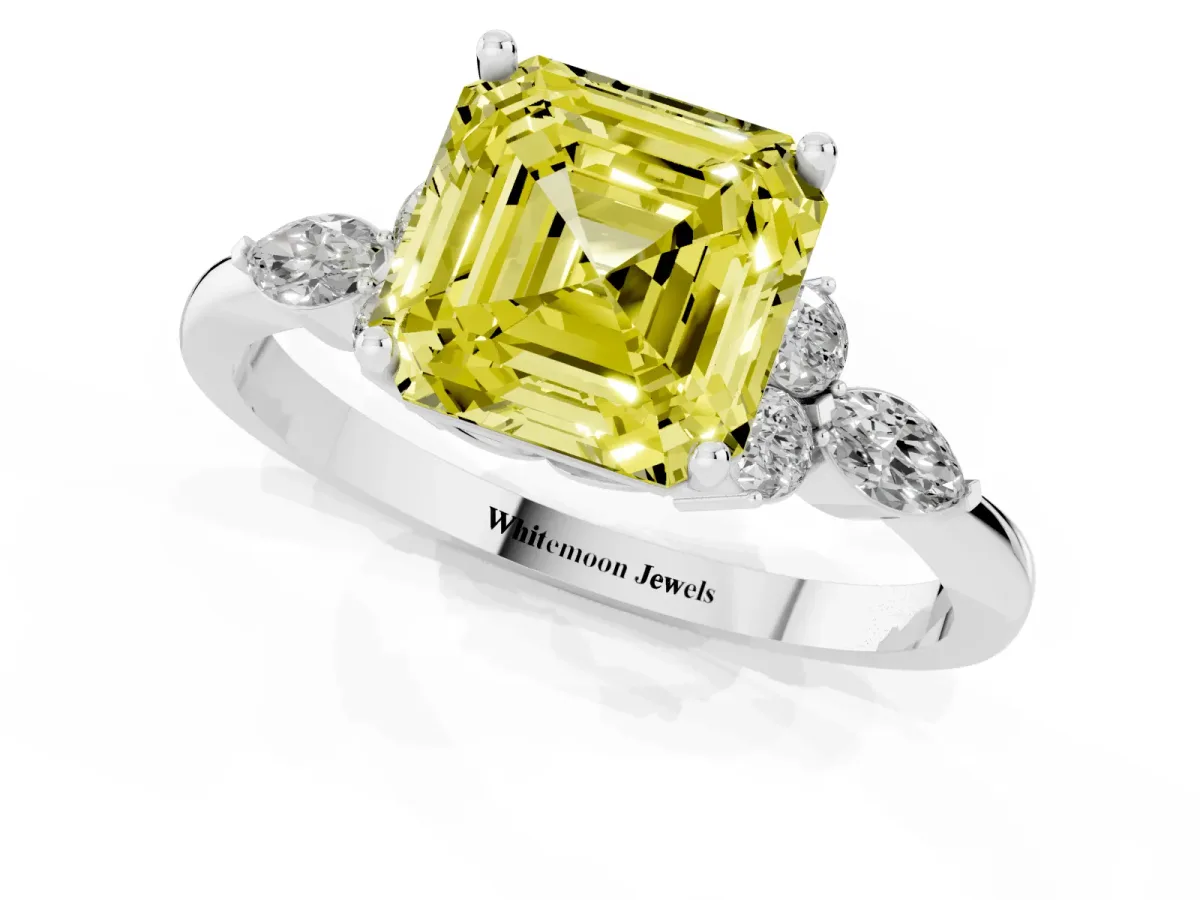 Fancy Yellow Asscher Cut Brilliant Diamond Solitaire Ring with Pear Side Stones and Four-Prong Setting White gold