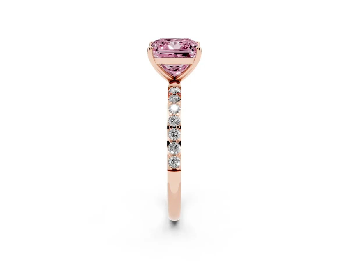 Fancy Pink Princess Cut Diamond Solitaire Ring with Round Pavé Shoulders and Prong Setting Rose gold
