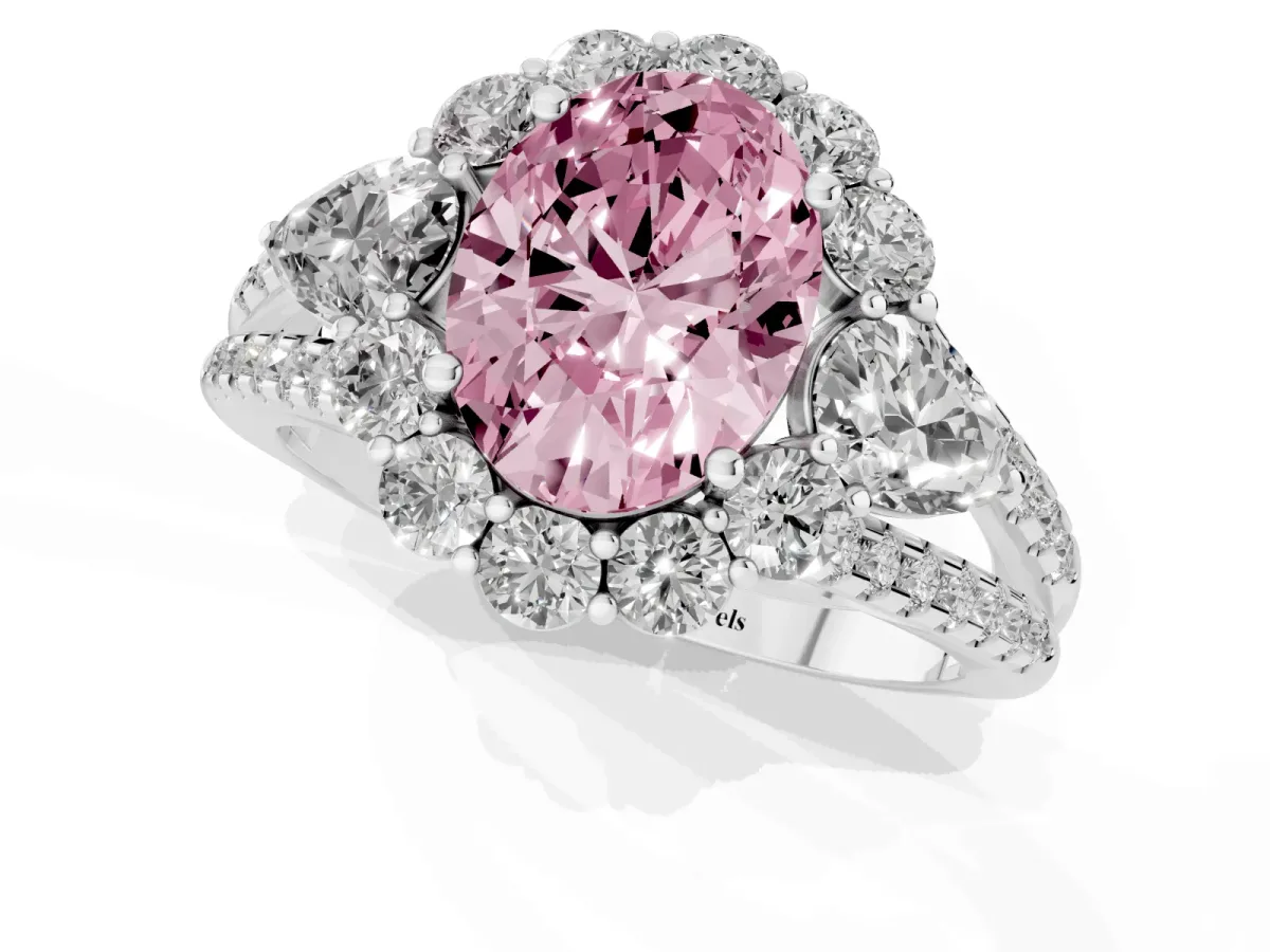 Fancy Pink Oval Cut Halo Split Shank Diamond Engagement Ring with Prong Setting Platinum