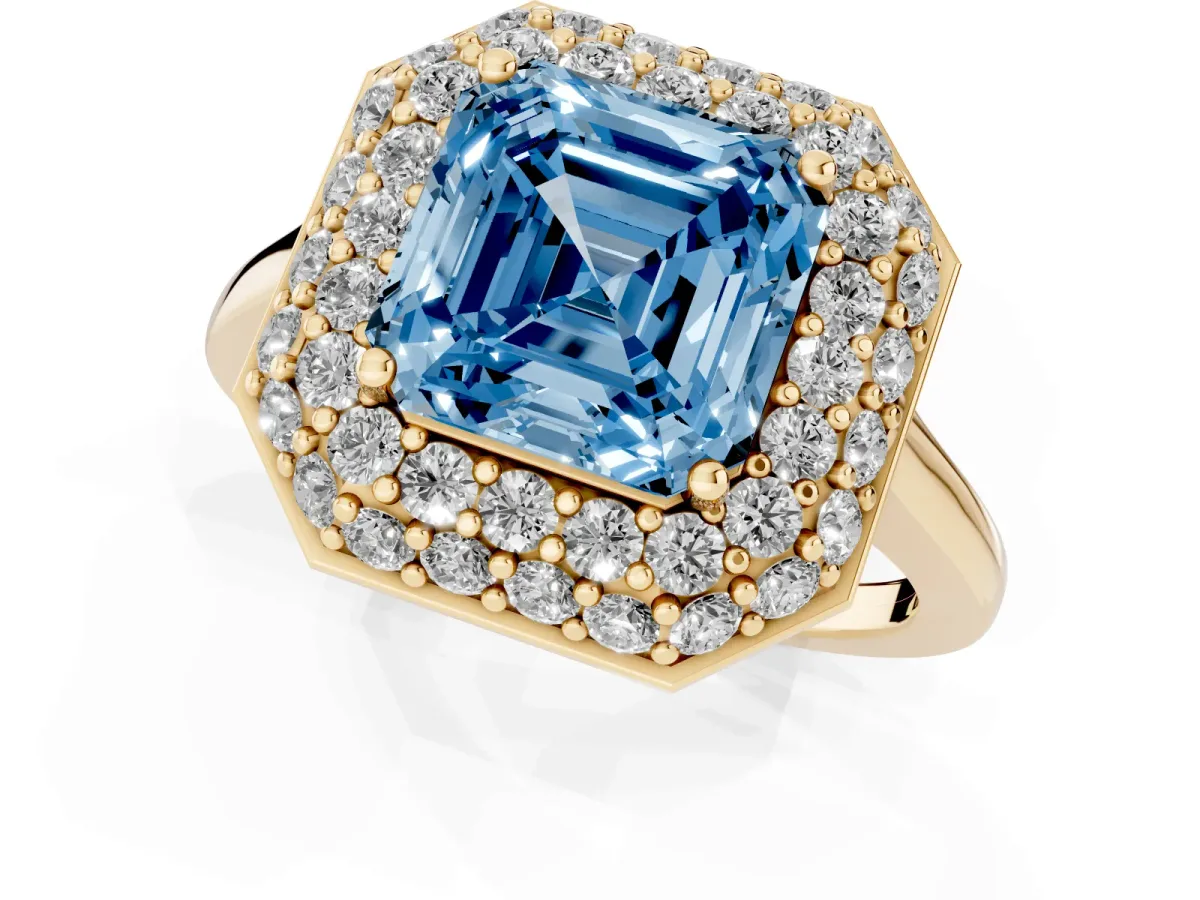 Fancy Blue Asscher Cut Halo Diamond Engagement Ring with Solitaire Band and Four-Prong Setting Yellow gold