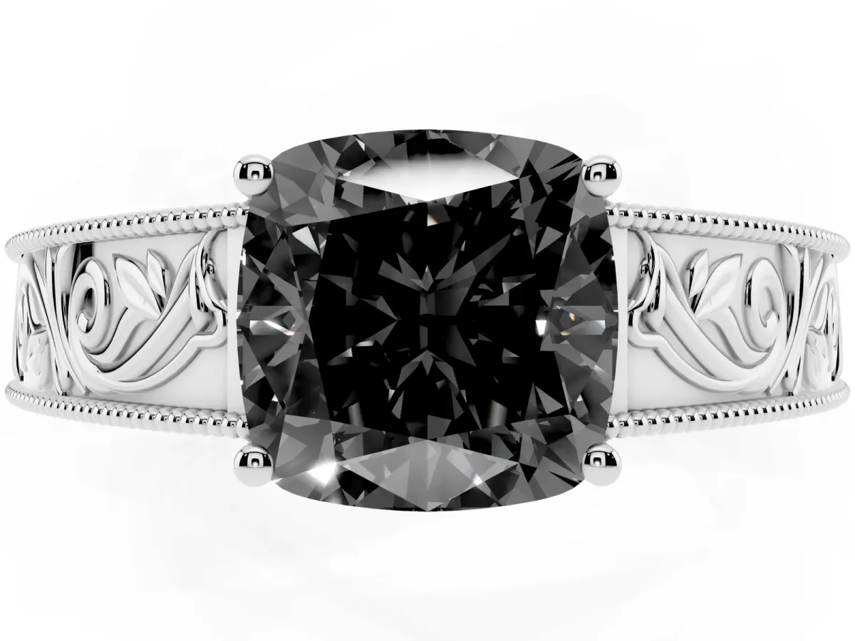 Fancy Black Cushion Cut Diamond Solitaire Ring with Engraved Band and Four-Prong Setting Silver