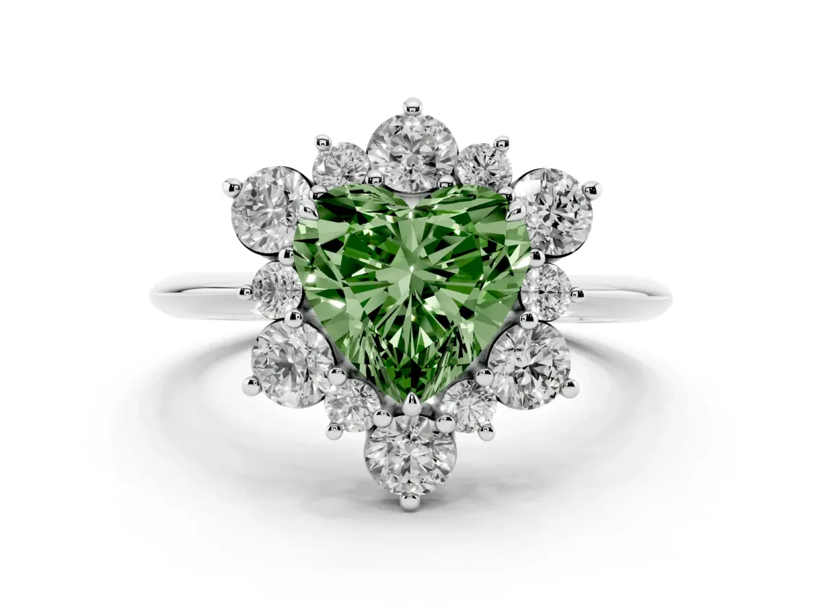 Fancy Green Heart Cut Diamond Cluster Halo Ring with Solitaire Band and Four-Prong Setting Platinum