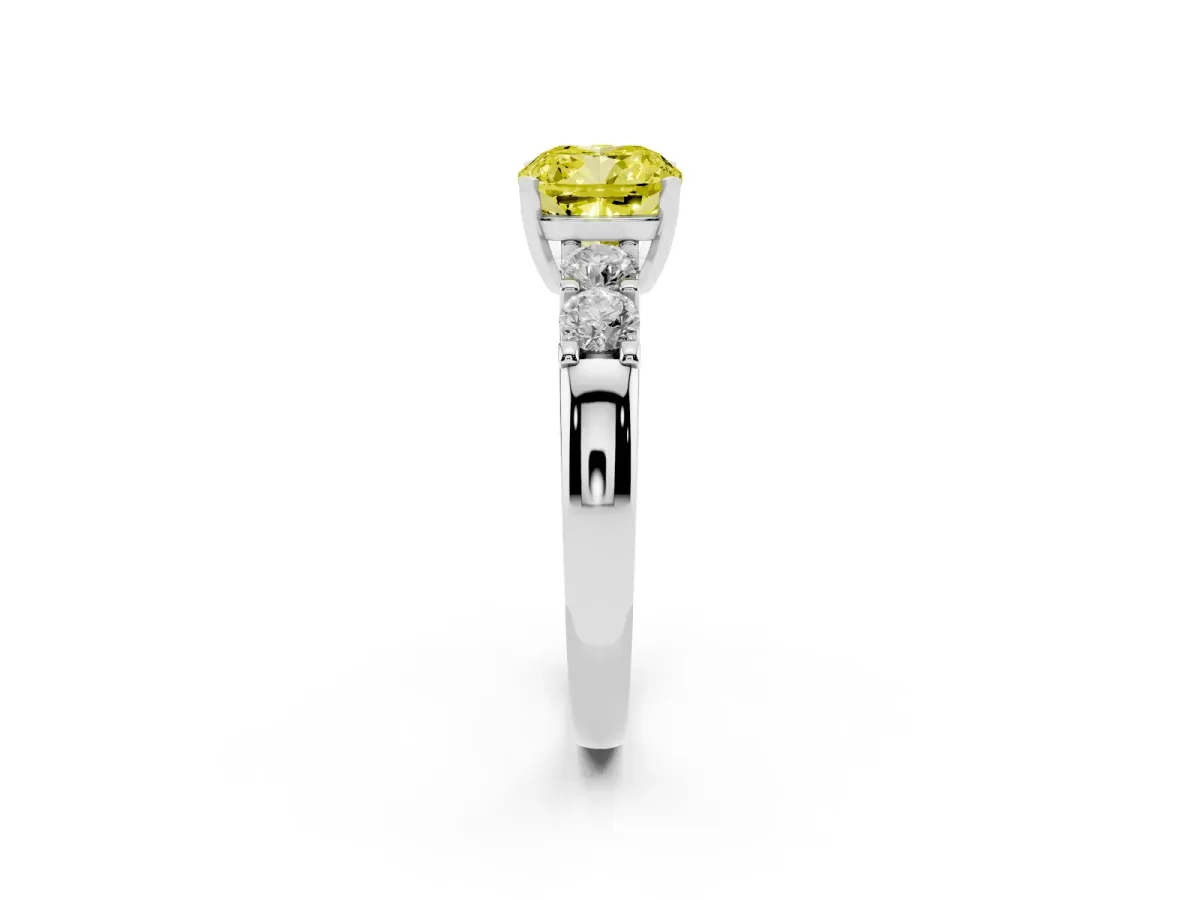 Fancy Yellow Cushion Cut Brilliant Cut Diamond Five-Stone Prong Set Engagement Ring with Channel Band Platinum