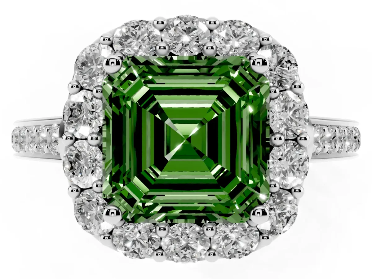 Fancy Green Asscher Cut Diamond Floral Halo Ring with Pavé Band and Prong Setting White gold