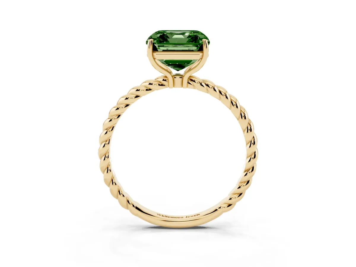 Fancy Green Asscher Cut Solitaire Twist Band Ring with Four-Prong Setting Yellow gold