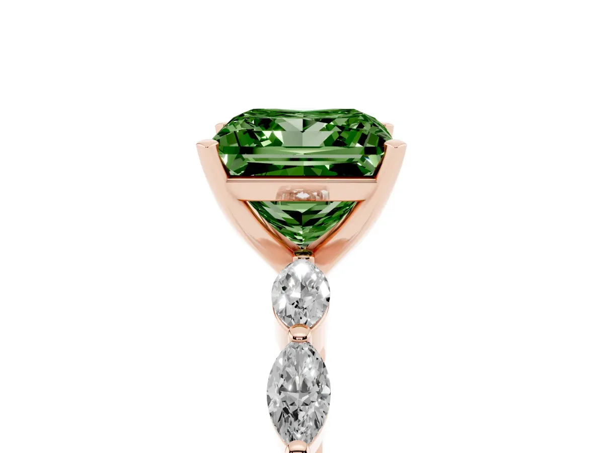 Fancy Green Princess Cut Diamond Ring with Marquise Side Stones and Prong Setting Rose gold